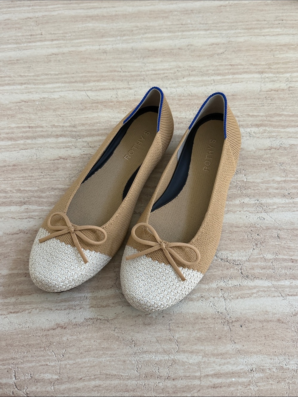 Rothy's Tan and Cream Knit Ballet Flats with Bow